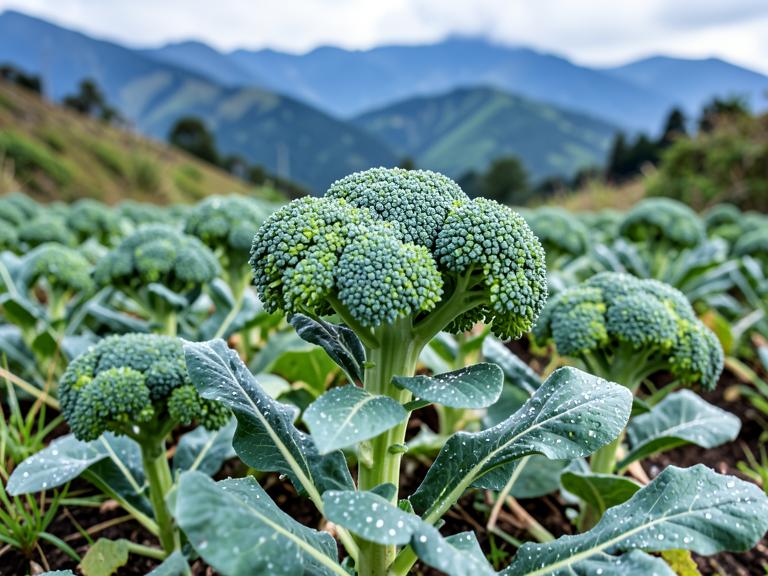 Cultivo de brócoli con gotas de rocío en tierras altas