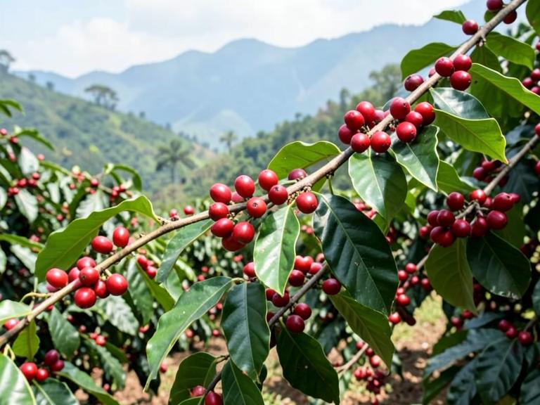 Rama de café con cerezas rojas en plantación de montaña