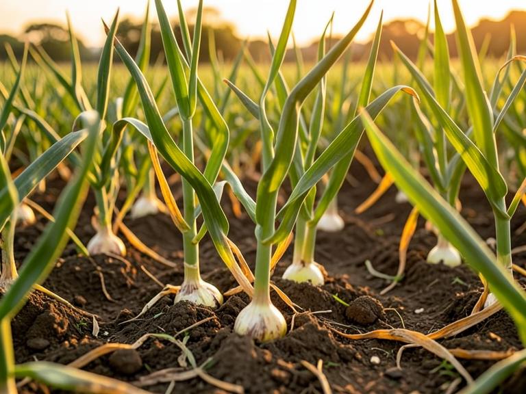 Cultivo de cebollas al atardecer