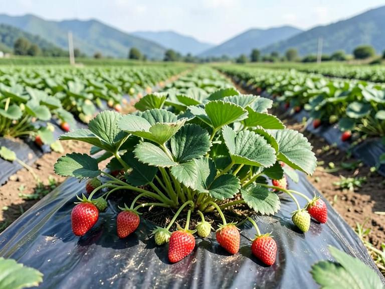 Plantas de fresa con frutos rojos maduros