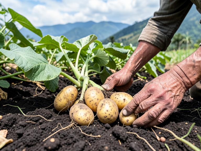 Cosecha de papas en suelo oscuro de tierras altas
